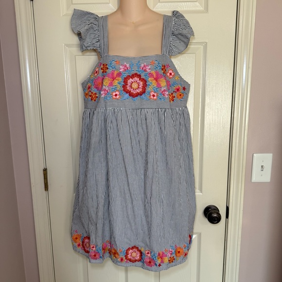 Savanna Jane Dresses & Skirts - Savanna Jane Dress Large Floral Embroidered Striped Blue Ruffle Shift Travel